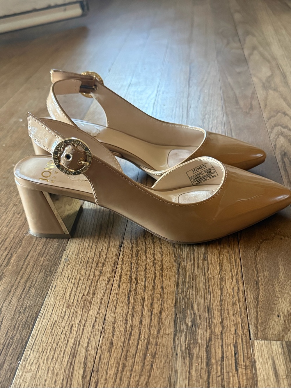 Jones New York Tan Patent Slingback Heels Gold Buckle